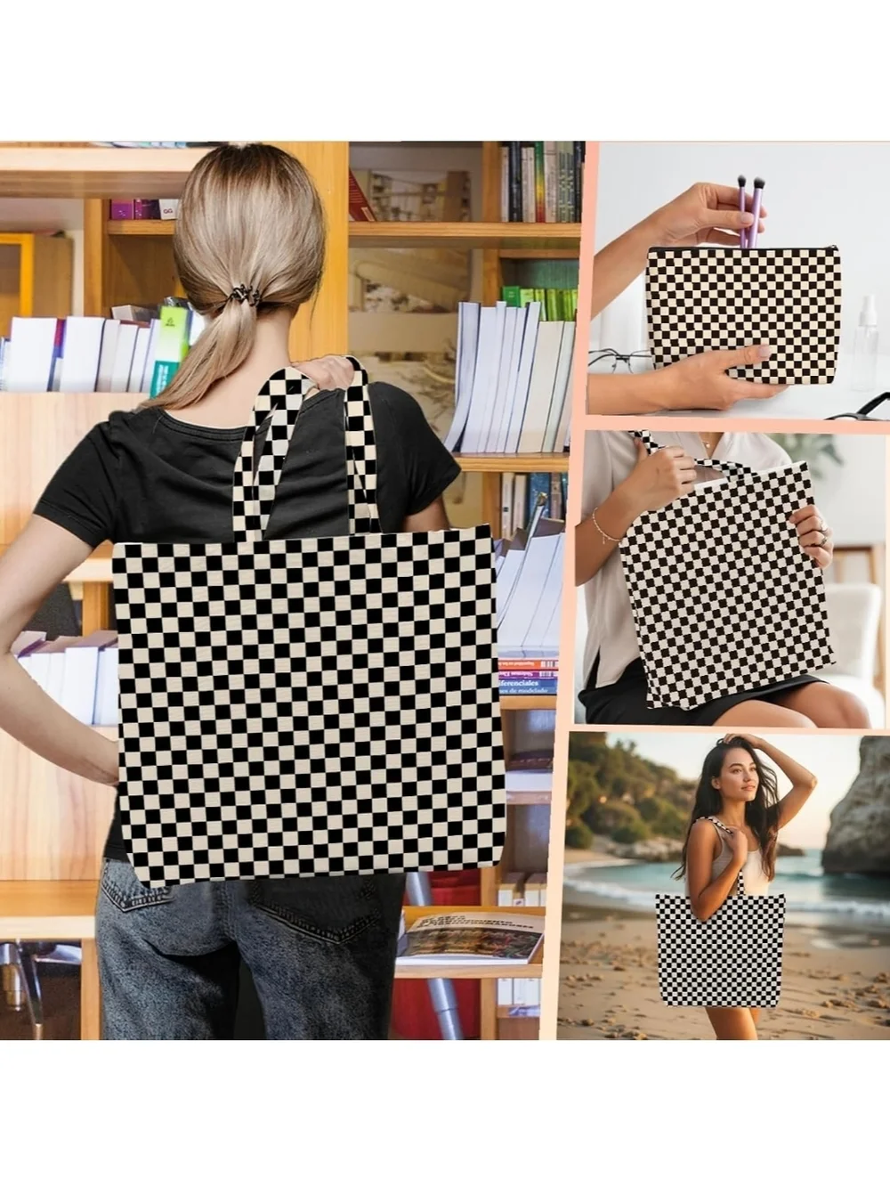 Checkerboard Tote and Storage Bin Set - Black and Cream